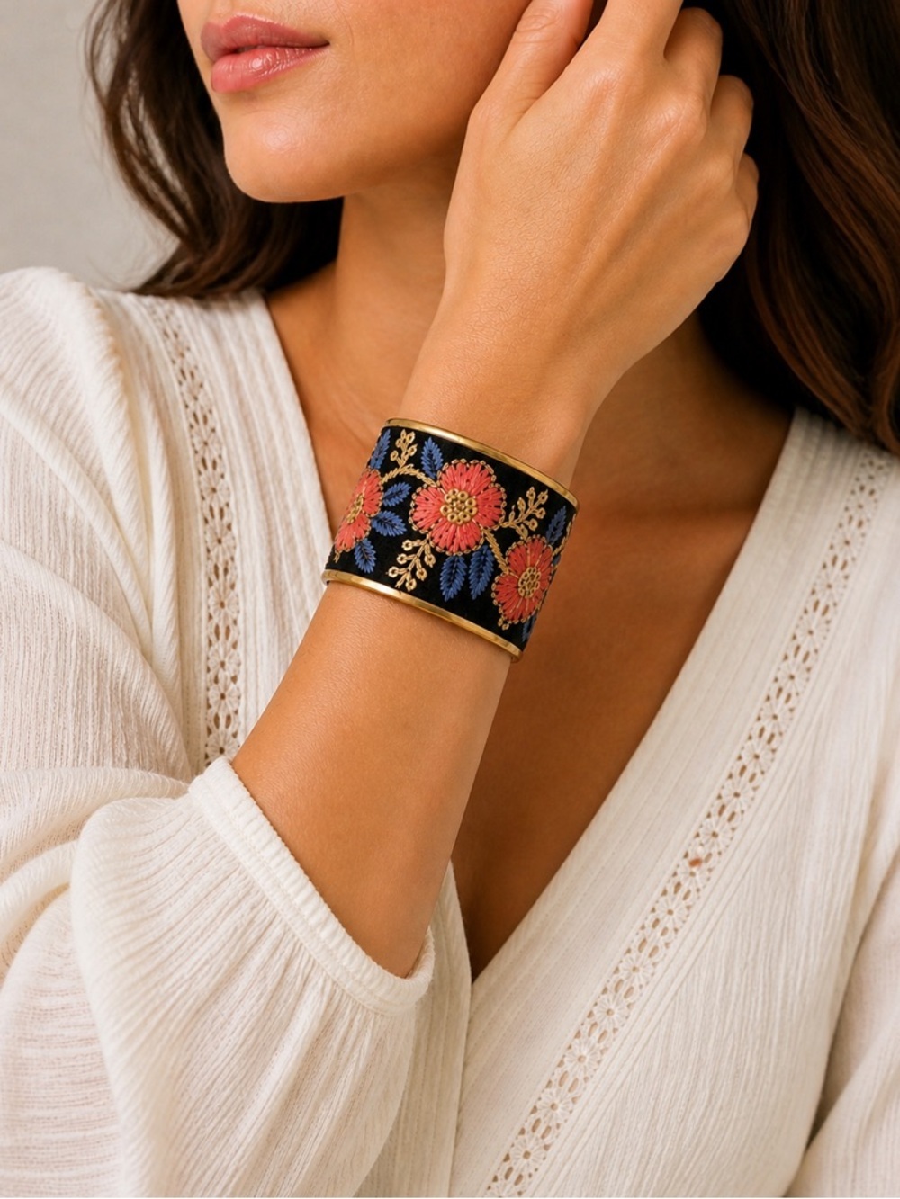 Vintage style Embroidered Floral Cuff Bracelet Gold Tone Statement